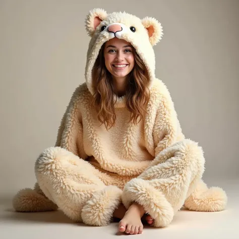 a woman sitting on the floor, wearing a large stuffed animal costume. She appears to be posing for a picture The woman is smiling, and the costume covers a significant portion of her body.