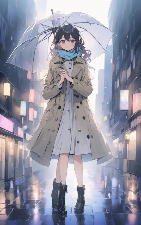 "雨の日の傘ガール
Prompt:
A serene girl walking through a bustling city on a rainy evening, holding a transparent umbrella. She wears a chic trench coat, ankle boots, and a scarf fluttering gently in the wind. Raindrops glisten on her umbrella, refracting the soft...