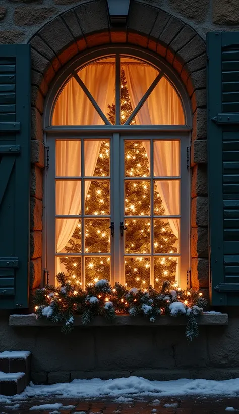  The outside window of a nice antique house is a Christmas decoration、neon、 front view image during a conversation with students、 glitter、A cute house in the European countryside 、ANTIQUE WINDOWS ， real、人はいない、クリスマスツリー