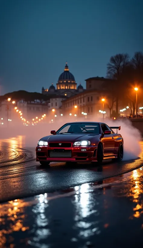 A cinematic shot of a Nissan Skyline GTR R33 in metallic crimson, drifting through a turn alongside the Tiber River under the moonlight. The glowing streetlights of Rome reflect on the car’s glossy paint and the river’s surface. In the background, the silh...