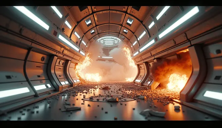 " Inside a futuristic ship of advanced design ,  a long, curved corridor begins to collapse .  The walls are full of shiny metal panels and continuous LED lights that run all over the ceiling and floor, creating a futuristic atmosphere .  As the camera mov...