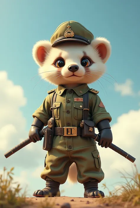 "a cute baby honey badger cub standing proudly wearing army uniform with a hat cute army and on his shirt the words SUFL in the middle of his shirt and his trousers with a army motif, and in his hands holding two katana sword, with a background full of sky...