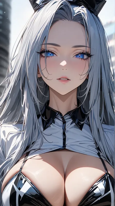 masterpiece , Modern, Verism, masterpiece,  super detail ,  Best quality , 4k ,(( adult face)), Women, wearing a white coat ,Mature Women アメスク Rubia ojos azules 
Cabello azul, PLANO AMERICANO,  long hair ,  Big breasts ,  blue eyes ,race_queen Nurse Sexy P...