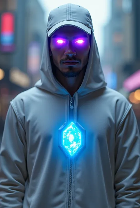  I want a male character with a white cap facing forward , with purple lights coming out of the eyes  ,  with a long sleeve shirt and with a bright blue stone in the middle of his chest