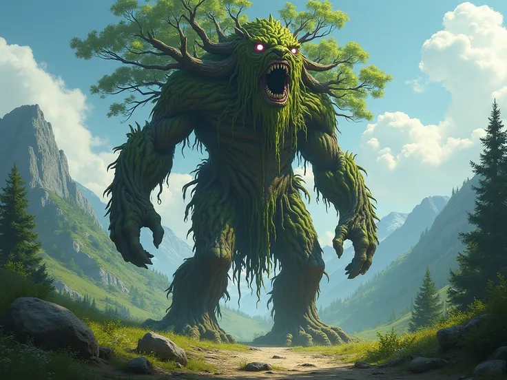  The Indolent Treent  (Field Chief ):  A wooden giant that inhabits the border between forest and mountains .  Despite his imposing appearance ,  he is lazy and only attacks when he feels threatened .  His body is composed of living trees and deep roots , ...