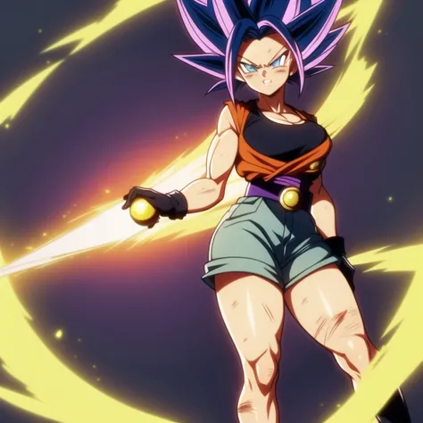 dbsuper style, 
Petite Girl, green aura, super saiyan aura, belt, purple colored hair, huge hair, bruise, bruise on face, clenched hands, frown, Mages hat, gloves, blue eyes, grey gloves, evil grin, medium breasts, petite, soft muscles, solo, spiked hair, ...