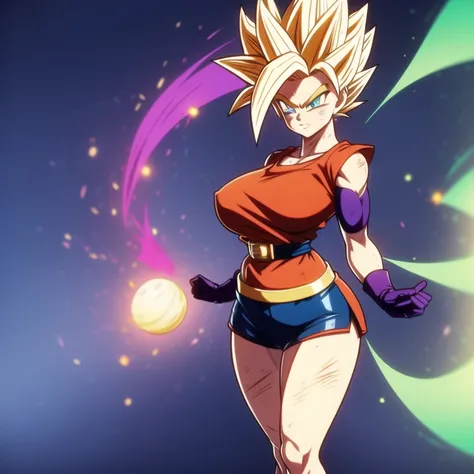 dbsuper style, 
Petite Girl, green aura, super saiyan aura, belt, purple colored hair, huge hair, bruise, bruise on face, clenched hands, frown, Mages hat, gloves, blue eyes, grey gloves, evil grin, medium breasts, petite, soft muscles, solo, spiked hair, ...