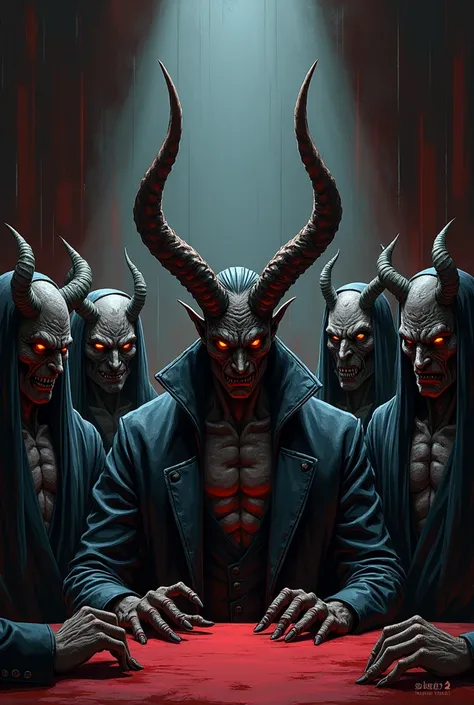  The father of lies and his minions at a table next to the father his henchmen 5 on each side, The father of lies is the devil and do it manga type 