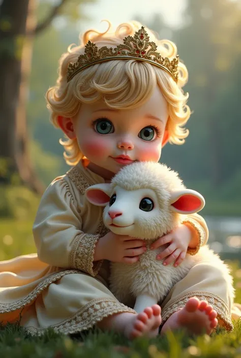 A royal baby wearing cute clothes holding an ultra cute little sheep = realistic with very dense fur.  The blurred background is of a forest with a lake behind it.