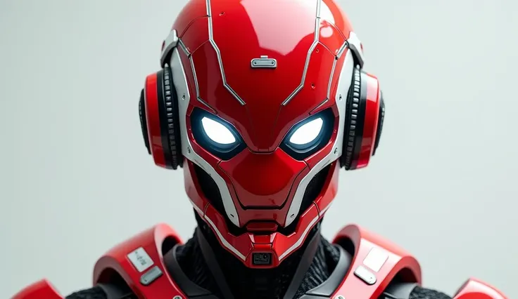 A cyborg , looking from the front,  with red futuristic helmet with white details, with earphones and glowing white eyes 
