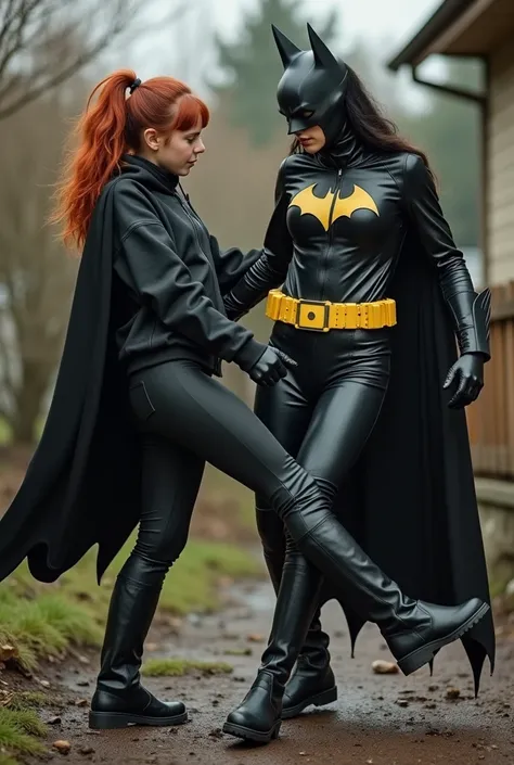 Realistic, teenage girl with red hair wearing a black track suit kicks a 50 yr old milf with long black hair, milf wearing a tight-fitting skintight push up wedgie tight black leather batsuit catsuit, milf is wearing black leather boots and black leather g...