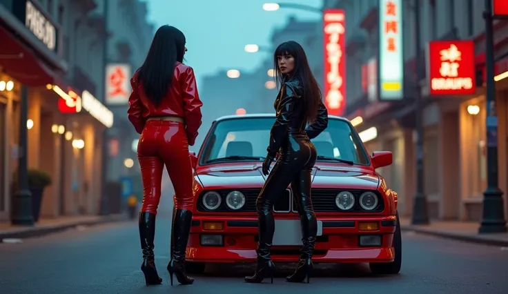 realistic photo , 2 fetish woman standing , wearing shinny pvc jumpsuit , shinny pvc jacket , wearing shinny pvc thigh high boots , shinny pvc long gloves , in cyberpunk street at dusk with bmw m3 e30