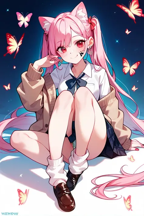 cat ear tail 　Red eyes with pink long two side ups、Small breasted girl,A worn-out cardigan　High School Uniform　 gal　 Loose Socks 　 loafers without pants,Lots of earrings,butterfly tattoo on cheek , panties are visible,NSFW