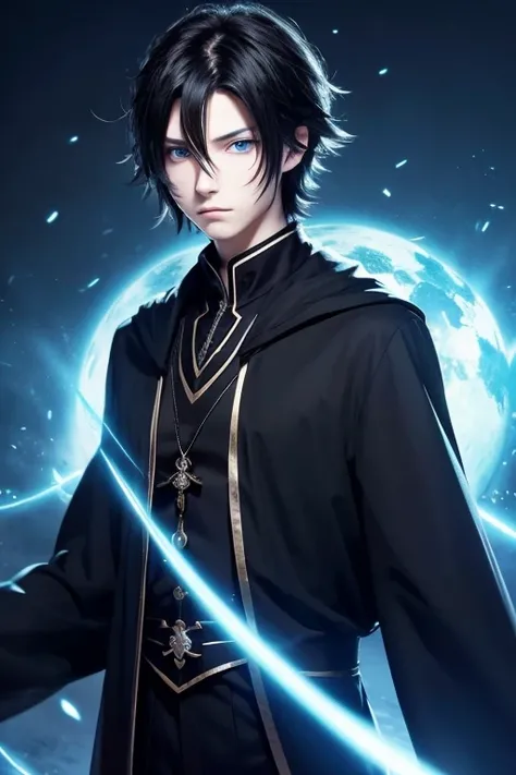  black hair　I have short knotted hair 　 blue eyes　A tired face　 wizard　darkness　 handsome　ephemeral　Beautiful Boy　Young people　 slender 　anime