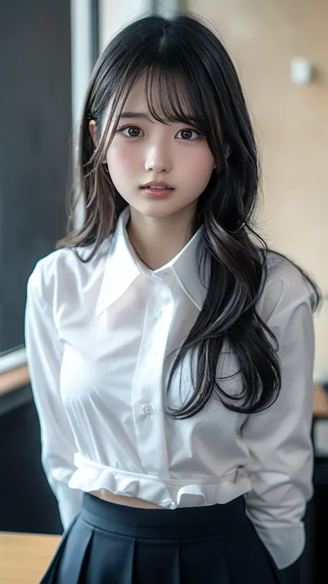 Long neck,Browse with caution,Bursting Chest,Best Quality,Ultra-high resolution,1 person,whole body,Black Hair, bangs, Cool look,Looking into the camera,Beautiful and exquisite face,Fine and beautiful skin,Skin Texture,high school student, uniform, (A tigh...