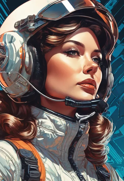 a close up of a woman wearing a helmet and a microphone, 70s jetfighter pilot girl, martin ansin, pilot girl, artgerm jsc, martin ansin artwork portrait, beautiful retro art, as a retro futuristic heroine, as a retrofuturistic heroine, chris moore. artgerm...