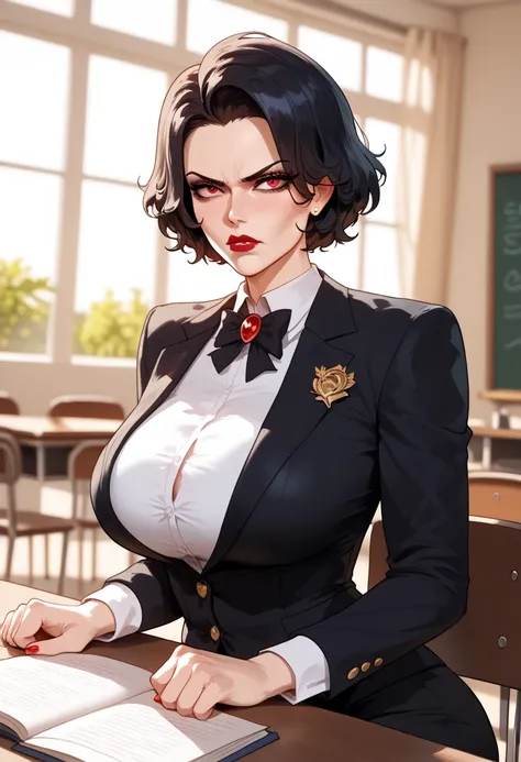 {{upper body, dutch angle}} {{Artist: sincos}} 1girl, mature female, stern look, sitting, {{Older_woman}}, short_hair, pale_skin, {{Stern_look}}, holding bulletin, {{Dominant_pose}}, dominant_pose, suit, {{Suit}}, giant_breasts, {{Tight_clothes}}, {{Black_...