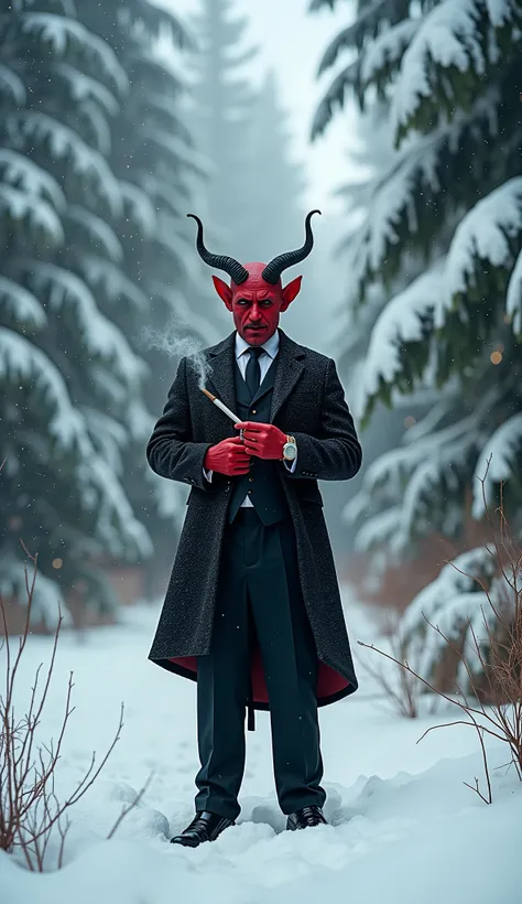 " A natural landscape covered in snow with large real trees ,  adorned with small Christmas details such as lights and discreet ornaments.  Its snowing intensely . In the center of the scene, The devil is standing , with red skin and horns ,  wearing a sui...