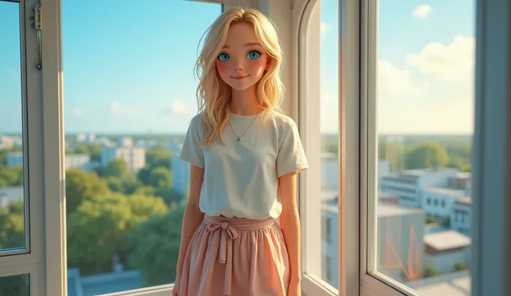 A 18 years old western girl with beyond waist length blonde, and her eye color is blue, wearing a casual T-shirt and chiffon skirt in bottom, having sneakers on foot. She standing nearby floor to ceiling windows on the top of building with smiling. 
Outsid...