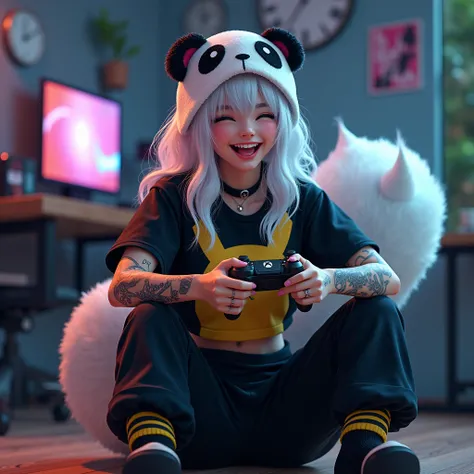 beautiful girl Age 21. Long white wavy hair. Hair over half face. Piercings and tattoos. Wearing a baggy black t shirt with black Pikachu sweatpants with black socks on. Very Realistic. Japanese girl, gym fit body type,  with a panda hat on, realistic whit...