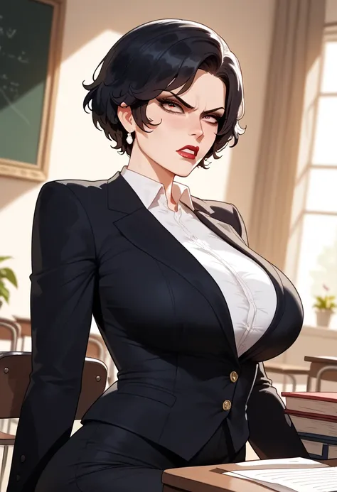 {{upper body, dutch angle}} {{Artist: sincos}} 1girl, mature female, stern look, sitting, {{Older_woman}}, short_hair, pale_skin, {{Stern_look}}, holding bulletin, {{Dominant_pose}}, dominant_pose, suit, {{Suit}}, giant_breasts, {{Tight_clothes}}, {{Black_...