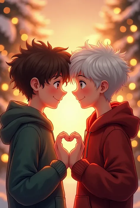  Generate an image of two boys one with wavy brown hair and the other boy with white hair, and that the two boys form a heart with their hands and with a Christmas background ,  but that they are not ren, that they are teenagers  