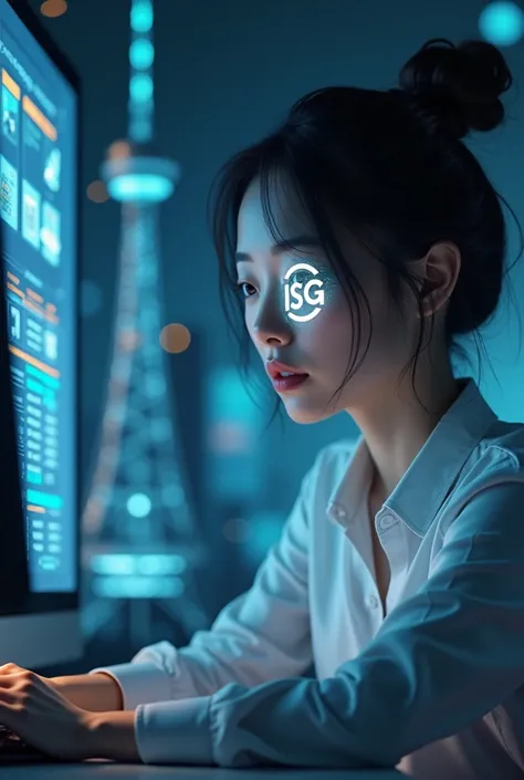 The ISG logo in the eyes of a beautiful girl working on a computer with a communications tower next to her and a digital background