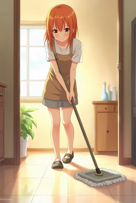 Anime Asuna Yuuki with orange hair and orange eyes she wears household clothes with apron she cleans the floor with the mob pole 