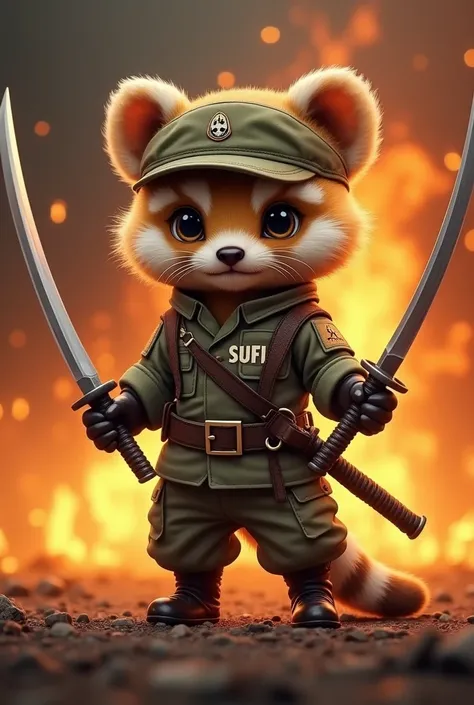 "a cute baby honey badger cub standing proudly wearing army uniform with a hat cute army and on his shirt the words SUFL in the middle of his shirt and his trousers with a army motif, and in his hands holding two katana sword, with a background full of fir...