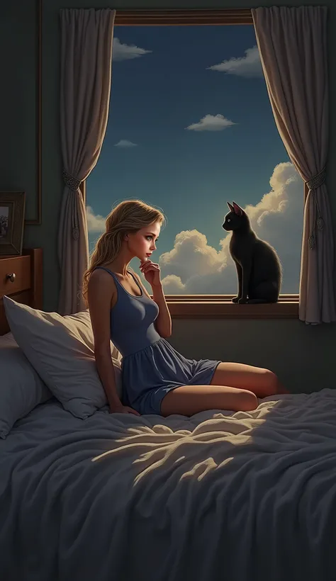 beautiful Buffy Summers is sitting by the bed where the boy sleeps, looks at him sweetly , wearing a blue short dress , perfect body, the cozy atmosphere of early morning , clouds are floating outside the window , a black cat sitting on the windowsill,