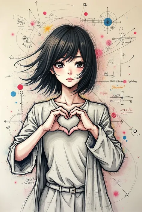 A chaotic and rough sketch on a canvas representing the fleeting moment before realization, focusing on a Japanese woman forming a heart shape with her hands. The sketch features fragmented and incomplete lines, abstract shapes, and bursts of color symboli...