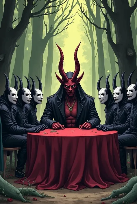 The devil sitting at a table in the woods with his demon minions but who have a white mask, 5 minions on the right side of the devil and 5 minions on the left side of the devil, but in the form of a manga with animals next to that meeting. 