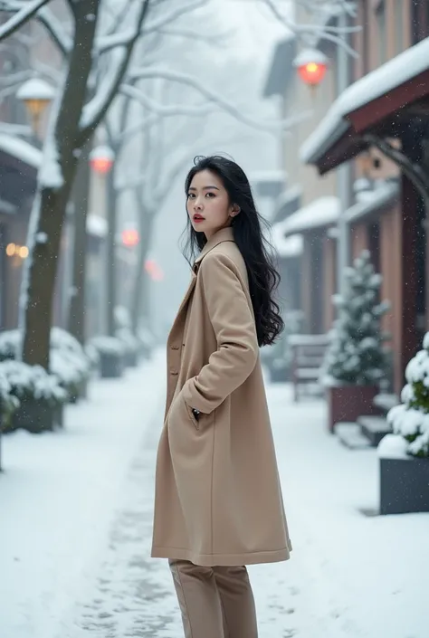  Snowy Streetscapes 　Street trees are also snow-covered 　 asian beauty with long black hair、The 。 beige long coat and long boots。Full body　 beautiful
Im wearing a high-definition 8k 