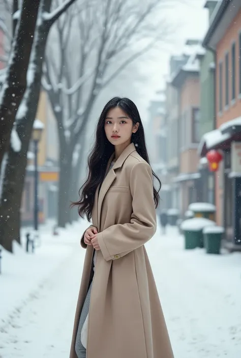  Snowy Streetscapes 　Street trees are also snow-covered 　 asian beauty with long black hair、The 。 beige long coat and long boots。Full body　 beautiful
Im wearing a high-definition 8k 