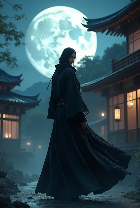 Create a Samuria Assasins Creed version with a black dress on a house with a moon behind it 