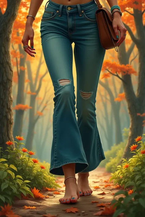 Barefoot woman flared pants jeans green toenails forest autumn tens of rings 