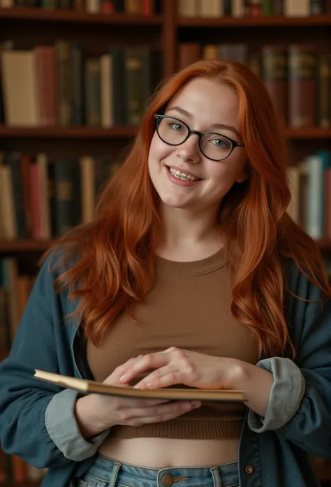 curvy woman, long wavy red hair, green eyes, small chubby belly, skin lightly freckled, wearing collegue clothes, glasses, nerdy friendly look, braces on teeth, library, books, realistic