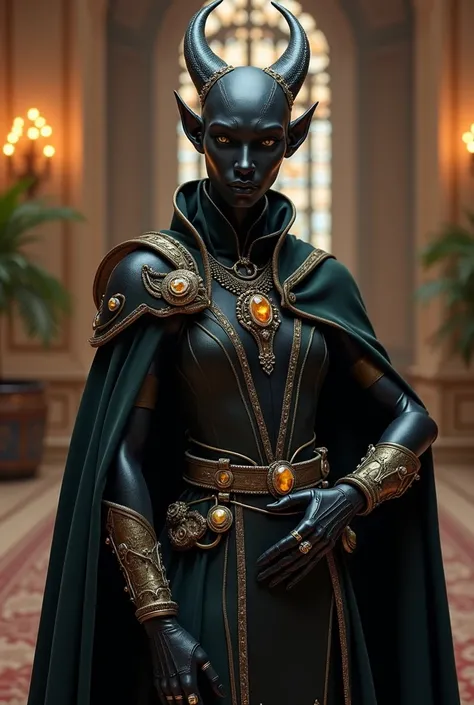  a black elf with a cybernetic arm wearing luxurious clothes, , custom-made and suited to the nobility and royalty .  It includes some ,  jewels, such as rings and necklaces . In certain environments  (um baile, , a palace hall )