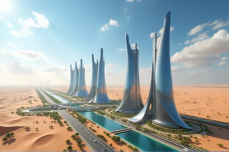 A futuristic visualization of The Line project in Saudi Arabia: two sleek, parallel skyscrapers made of reflective glass, each 500 meters tall and 200 meters wide, stretching for 170 kilometers through the desert. The buildings are connected by advanced tr...