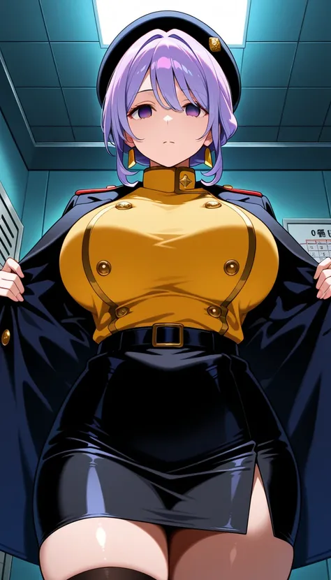 city of gold( a mature woman ),(( bright purple jewelry )),  below the bust ,  Big breasts   (two breasts),(( empty eyes )),purple eyes ,  shiny eyes,Serious,  inexpressive, (( short military uniform , Tight,  black skirt very curved legs 
wearing black so...