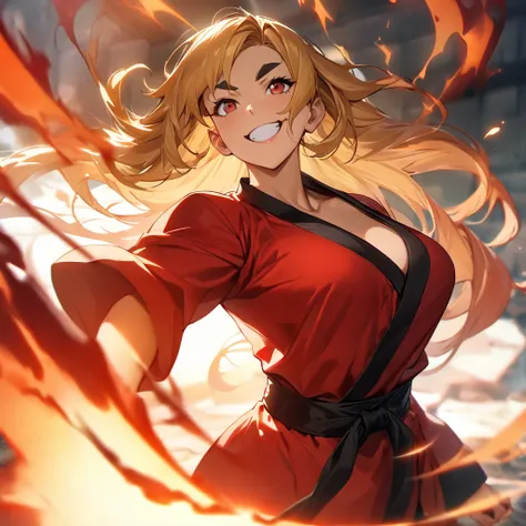 master piece,((amazing quality, great quality, top quality, very aesthetic, aesthetic, best quality)),Japanese anime-style female character, inspired by Street Fighters Ken, transformed into a beautiful girl. Wearing a red martial arts gi with a black belt...