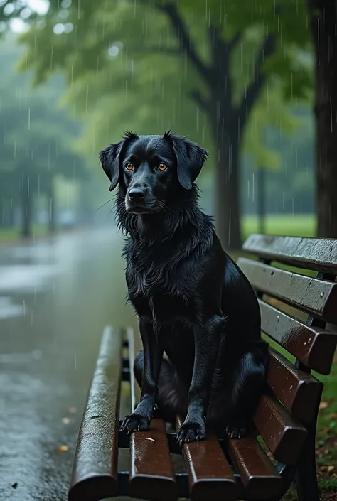 A drenched dog sits forlornly on a deserted park bench, its fur plastered to its body by the pouring rain. The surrounding trees sway under the weight of the storm, their leaves dripping water onto the saturated ground. The dogs eyes, wide and glistening, ...