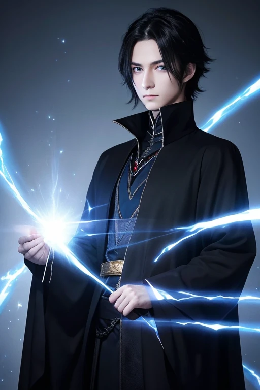  black hair　I have short knotted hair 　 blue eyes　A tired face　 wizard　darkness　 handsome　ephemeral　Beautiful Boy　 slender 　anime　Small Mouth　One person　 hair to hide eyes　 looks like an adult　strong　Actually Prince 　darknessの wizard　cool