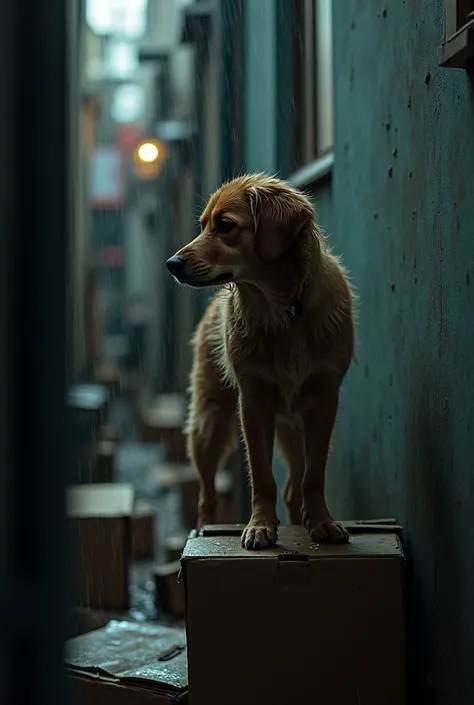 In a narrow alleyway, a soaked dog stands atop a pile of discarded cardboard boxes, its fur dripping with rain. The dim light from a nearby window casts a faint glow on the scene, highlighting the dogs desolate expression as it gazes into the distance, see...