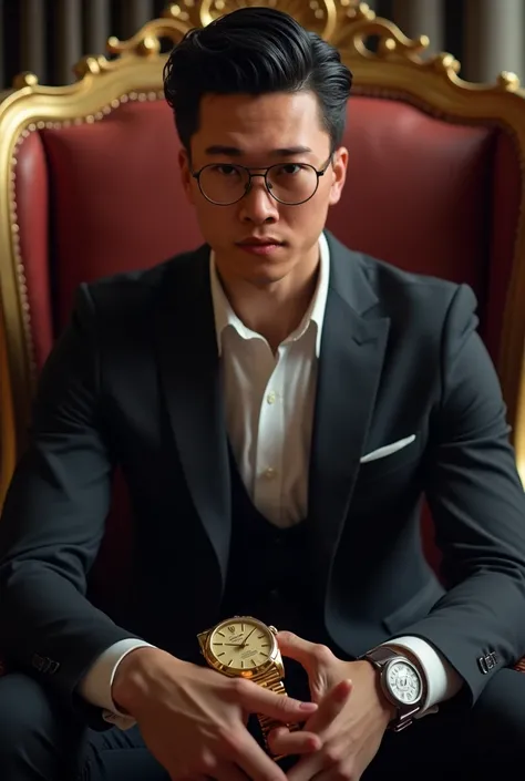 Handsome young man with strong, slicked-back black hair, sitting in an elegant chair in a luxurious office with an imposing posture and wearing an elegant suit. he smiled mysteriously. He wears a gold Rolex watch