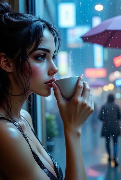  full body image of a Beautiful Mexican woman looking out the window with a cup of coffee ,  sees people walking with umbrellas down the street ,  torrential rain , puddles on the street , The glass has drops of water falling , chiaroscuro, cinematic light...