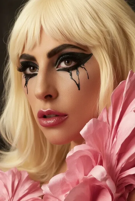 lady gaga  with blonde hair ,with bangs , wearing A pink dress , long blonde hair with bangs, crying black tears , close up , dripping black tears tears, uma capa de álbum inspirada em Hedi Xandt, desembrulhar, baroque, Lady gaga as harley queen, Lady gaga...