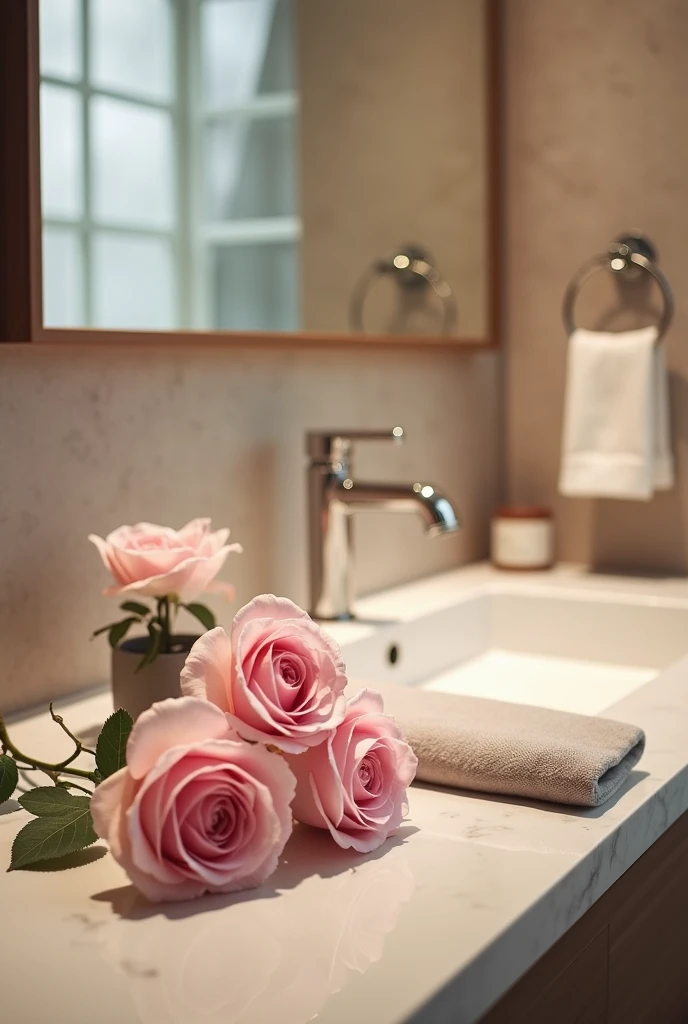 à partir de limage importé, créé une photo de salle de bain réaliste, comme si quelquun la prennait et dans laquelle apparaîssent les objets de limage importée, zoom un peu sur les roses pour les mettr en évidence, la luminosité doit faire comme si léclair...