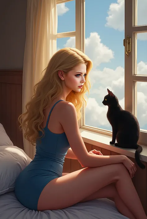 beautiful Buffy Summers is sitting by the bed, looks at him sweetly , wearing a blue short dress , perfect body, the cozy atmosphere of early morning , clouds are floating outside the window , a black cat sitting on the windowsill,