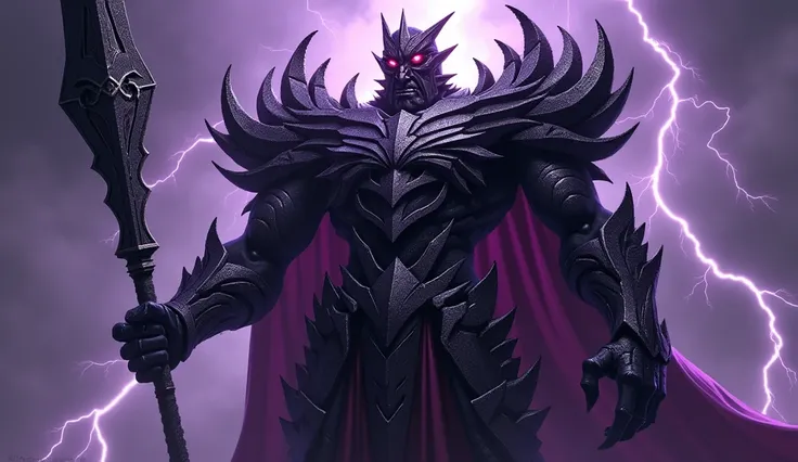 "Create a full-body illustration of Lorde Cravenox, the supreme villain. He stands over 3 meters tall, wearing an imposing black diamond armor that reflects purple light. His face is partially visible, with deep scars and glowing red eyes, exuding a menaci...